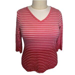 Style & Co Women's L Blouse Coral Ombre with White Stripe V-Neck 3/4 Sleeve